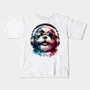 Shih Tzu Smiling DJ with Headphones and Sunglasses Kids T-Shirt